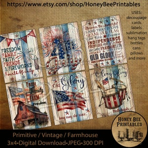 Descarga digital imprimible de estilo rústico de granja vintage: bandera americana patriótica, EE. UU., bandera, Old Glory, EE. UU., etiquetas para usar en frascos, ollas, latas y libros.
