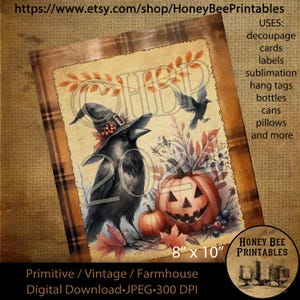 Digital Download, Printable, Decoupage, Vintage, Primitive, Fall, Autumn, Crows, Halloween, Jack-O-Lantern, labels, tags, All Hallow&#39;s Eve 2