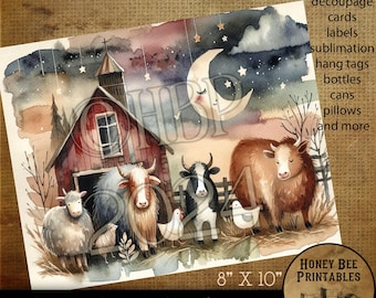 Digital Download, Printable, Decoupage, Vintage, Primitive, JPEG 8x10, Primitive, Country Barn Animals, Good Night, Barn, Cows, Chickens