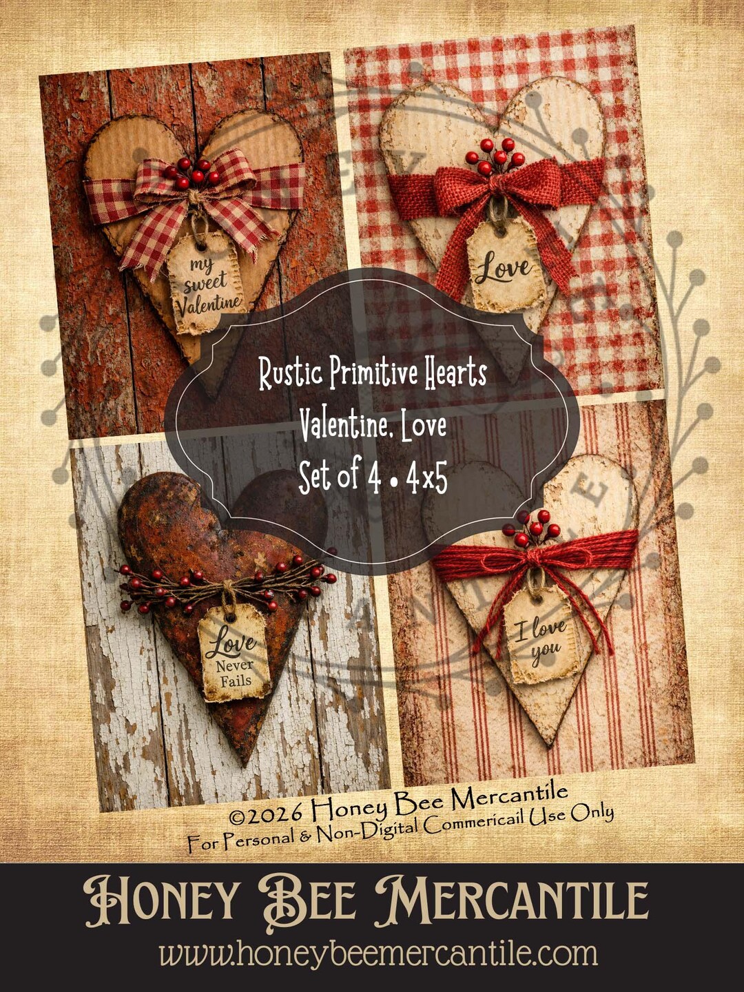 Rustic Heart Printable Valentine Heart Love, Rustic Primitive Hearts Digital Download ...
