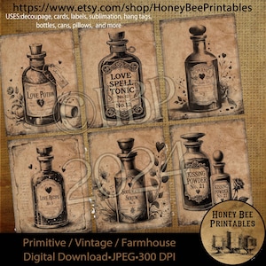 Puede incluir: Seis etiquetas imprimibles de estilo vintage con ilustraciones de botellas de pociones con temas románticos. Las etiquetas incluyen texto como "Love Potion", "Love Spell Tonic", "Romance Floor", "Love Recipe", "Soul Mate Serum" y "Kissing Powder".