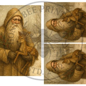 May include: A vintage-style illustration depicts a man with a long white beard and a hooded coat, holding a young deer. The deer has brown spots and is nestled in the man's arms. The scene is set in a snowy, wintery environment.