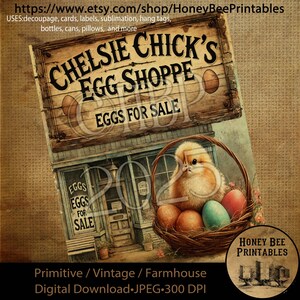 Digital Download, Printable, Decoupage, Primitive, Craft Supplies, Vintage, Rustic, Chelsie Chicks Egg Shoppe, Baby Chick, Easter Chick
