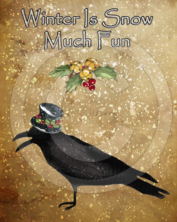 Primitive Christmas Crow Believe in Magic Snow Folk Art PRINT 8x10