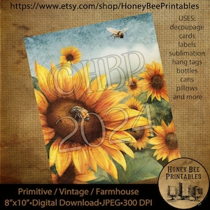 Vintage Primitive Farmhouse Digital Download Printable, Decoupage, Labels, Summer, Fall, Sunflowers, Bees, Sunshine, Flowers, Summertime, 03