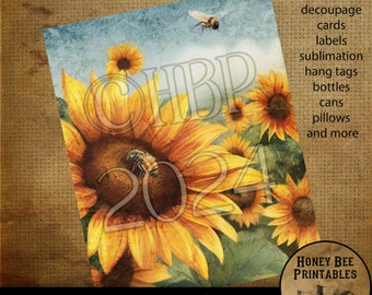 May include: A digital download of a vintage-style image featuring sunflowers and bees. The image is 8 inches by 10 inches and has a resolution of 300 DPI. The image is perfect for crafting projects such as decoupage, cards, labels, sublimation, hang tags, bottles, cans, pillows, and more.