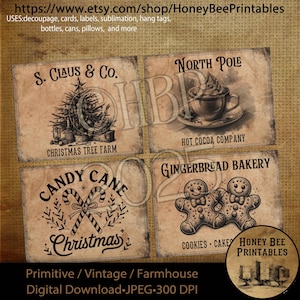 Digital Download, Printable, Decoupage, Vintage, Set / 4, Labels, Primitive Christmas, Gingerbread, Candy Canes, S. Claus, Hot Cocoa, 4x5