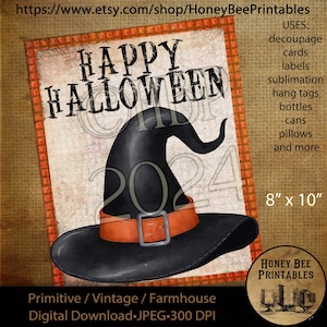 Digital Download, Digital Art, Printable, Decoupage, Vintage, Primitive, Fall, Autumn, Happy Halloween, Witch Hat, Whimsical, Witch, 8x10