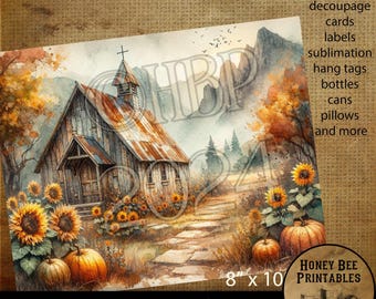 May include: A watercolor painting of a rustic wooden church with a metal roof, surrounded by sunflowers and pumpkins. The church is set against a backdrop of fall foliage and mountains. The image is 8x10 inches and is a digital download.