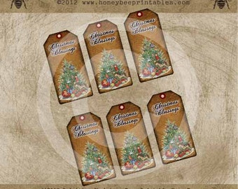 Etiquetas imprimibles para colgar en bolsas de regalo con diseño de árbol de Navidad primitivo / Descarga digital en archivo JPEG - DIY U Print OFG
