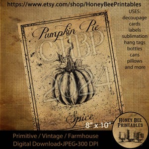 May include: A vintage-style printable design featuring a black and white illustration of a pumpkin with the text "Pumpkin Pie Spice" and "2024". The design is 8 inches by 10 inches and is suitable for various crafting projects.