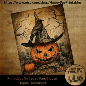 Vintage Digital Download Printable Decoupage Primitive, Old Crow, Fall, Halloween, Spooky, Jack-O-Lantern, Pumpkin, Witch Hat, Dark Night
