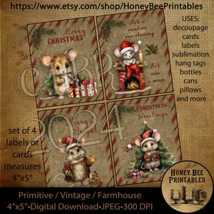 Vintage Primitive Instant Download Printable Decoupage, Set /4 cards, labels, tags, ornaments, Christmas Mouse, Mice, Twas the Night Before