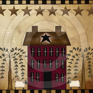 Puede incluir: Una ilustración de estilo arte popular primitivo de una casa roja con un techo marrón y ventanas blancas. La casa tiene una gran estrella en el techo y está rodeada de dos sauces llorones y dos ovejas blancas. El fondo es un patrón de cuadros beige y negro.