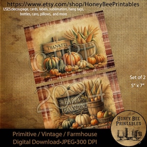 Digital Download, Digital Art, Printable, Decoupage, Primitive, Craft Supplies, 5x7, Thankful, Thanksgiving, Pumpkins, Wheat, Corn, Harvest