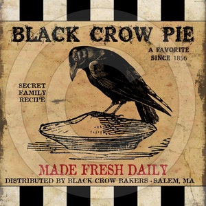 Primitive Black Crow Pie Raven-Printable Digital Feedsack Logo JPEG File-Instant Download-Uses: Pillows, Dolls,Bears,Framed Prints,Labels