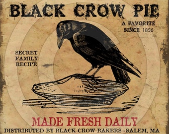 Primitive Black Crow Pie Raven-Printable Digital Feedsack Logo JPEG File-Instant Download-Uses: Pillows, Dolls,Bears,Framed Prints,Labels