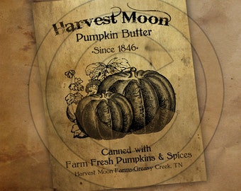 Primitive Harvest Moon Pumpkin Butter-Printable Digital Feedsack Logo JPEG File-Instant Download-Use for Pillows,Bears,Framed Prints,Labels