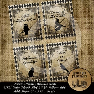 Primitive Vintage Grungy Style Printable Digital JPEG File-Download 17124 Halloween Silhouette Owl Witch Black Cat Crow Labels For Jars Cans