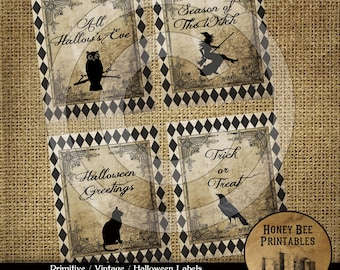 Primitive Vintage Grungy Style Printable Digital JPEG File-Download 17124 Halloween Silhouette Owl Witch Black Cat Crow Labels For Jars Cans