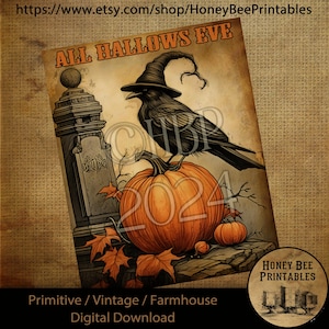Vintage Digital Download Printable Decoupage Primitive, Old Crow, Fall, Autumn, All Hallows Eve, Witch Hat, Halloween, Headstone, Spooky