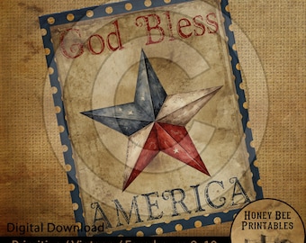 Vintage primitieve boerderij Instant Download afdrukbare sublimatie decoupage 8 x 10 blikjes etiketten patriottische Americana God Bless America Star