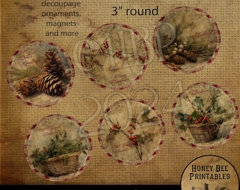 Vintage Primitive Farmhouse Digital Download Printable Decoupage Round Labels, Tags, Christmas Greens, Pine Cones, Berries, Holly, Basket