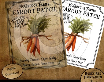 Vintage Primitive Farmhouse McGregor Carrot Farm Spring Easter Digital Instant Download Printable Sublimation 8x10 JPEG Cans Jars Labels