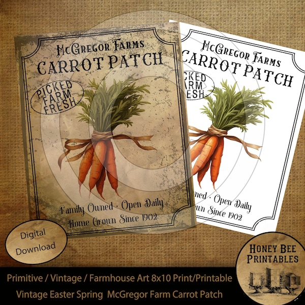 Vintage Primitive Farmhouse McGregor Carrot Farm Spring Easter Digital Instant Download Printable Sublimation 8x10 JPEG Cans Jars Labels