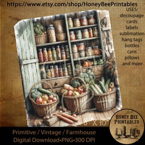 Digital Download, Printable, Decoupage, Vintage, Primitive, 8x10, Primitive Pantry, Buttery, Kitchen, Vegetables, Harvest, Canned Goods, 1