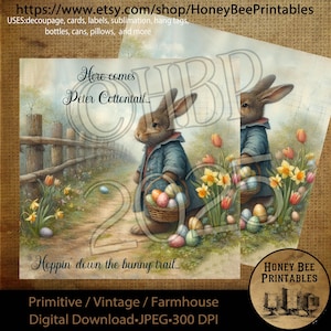 Pobieranie cyfrowe, Do druku, Dekupaż, Pierwotny, Materiały rzemieślnicze, Zabytkowy, 8x8, Peter Cottontail, Bunny Trail, Wielkanoc, Koszyk, Królik, Jajka