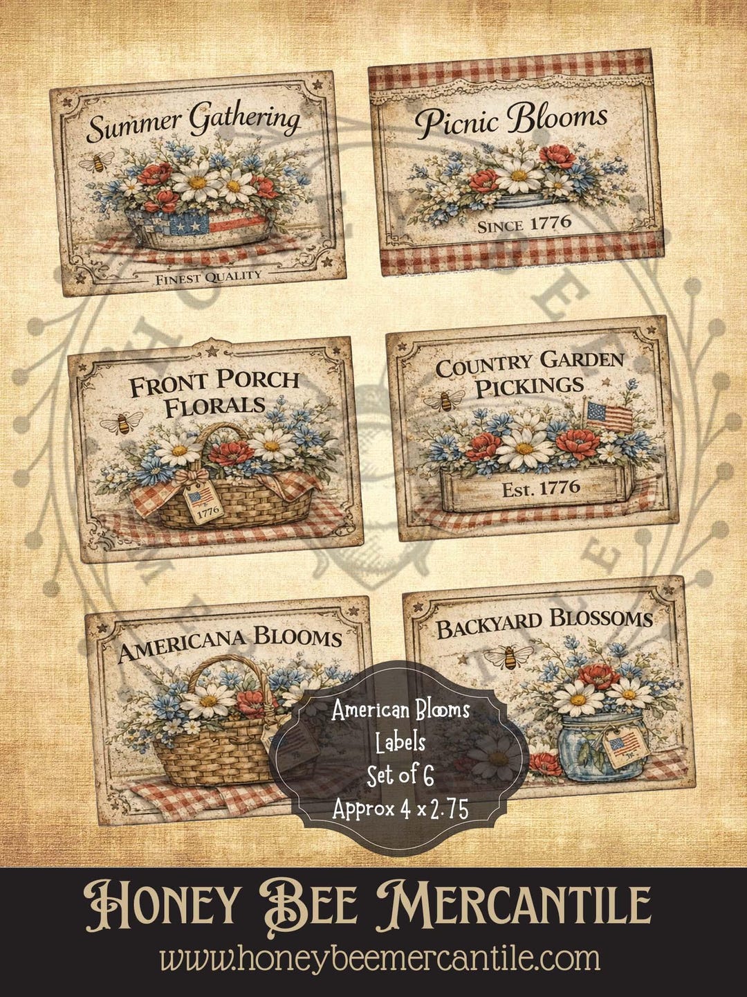 Americana Blooms Labels, Set of 6 Prints - 4x3 in Size, Instant ...