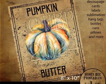 Digital Download, Printable, Decoupage, Vintage, Primitive, Fall, Autumn Pumpkin Butter pantry labels, use for Jars, Cans, Books, wood, 8x10