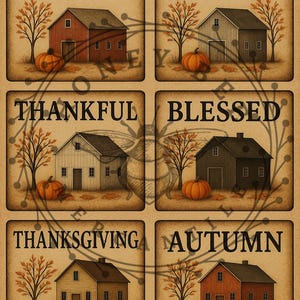Puede incluir: Una obra de arte con temática otoñal con seis paneles rectangulares. Cada panel muestra una palabra: GATHER, HARVEST, THANKFUL, BLESSED, THANKSGIVING y AUTUMN. Cada panel presenta una casa, una calabaza y un árbol.