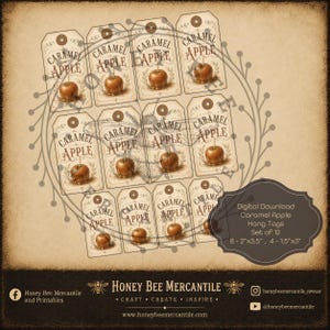 May include: A set of 12 digital download hang tags featuring a caramel apple illustration and the text Caramel Apple. The tags are arranged in rows on a textured background. A label indicates sizes of 5.08 cm by 8.89 cm and 3.81 cm by 7.62 cm.