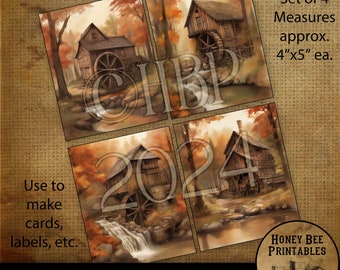May include: Set of four printable images featuring vintage watermills in a fall forest setting. Each image measures approximately 4 inches by 5 inches.  The images are perfect for creating cards, labels, or other crafts.