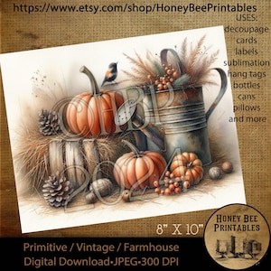 May include: A digital printable image of a vintage autumn scene with pumpkins, a watering can, pinecones, and berries. The image is 8 inches by 10 inches and is 300 DPI. The text "HONEY BEE PRINTABLES" is in the bottom right corner of the image.