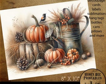 May include: A digital printable image of a vintage fall scene with pumpkins, a watering can, pinecones, and berries. The image is 8 inches by 10 inches and is 300 DPI. The text "HONEY BEE PRINTABLES" is in the bottom right corner of the image.