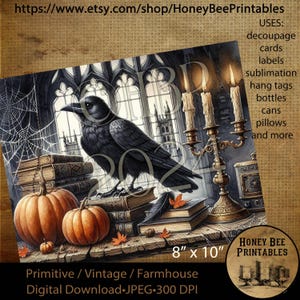 Digital Download, Printable, Decoupage, Vintage, Primitive, Fall, Autumn, Halloween, Crow, Cathedral, Candlesticks, Gothic, Books, 8x10
