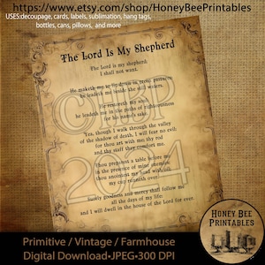 May include: A vintage-style printable featuring the text "The Lord Is My Shepherd" with a decorative border and a distressed background. The text is a quote from Psalm 23, a well-known passage from the Bible.
