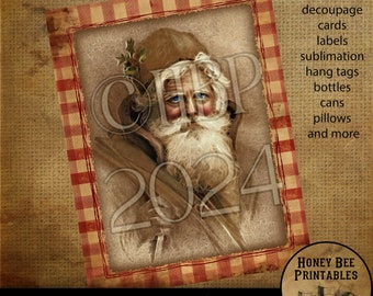 Vintage Primitive Instant Download Printable Decoupage, Old World Santa, Father Christmas, Santa Claus, Old Time Santa, Christmas, Sepia