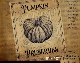 Digital Download, Printable, Decoupage, Vintage, Primitive, Fall, Autumn Pumpkin Preserves pantry labels, use for Jars, Cans, wood, 8x10 B&W