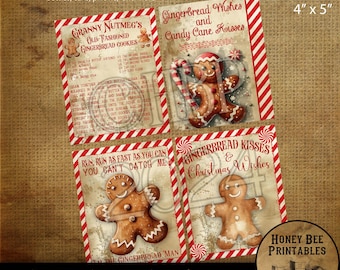 Könnte beinhalten: Satz mit vier druckbaren digitalen Bildern im Format 10,16 x 12,7 cm mit Lebkuchenmännern im Vintage-Stil und weihnachtlichem Text. Die Bilder beinhalten ein Lebkuchenmann-Rezept, Lebkuchen-Küsse und Weihnachtswünsche sowie einen laufenden Lebkuchenmann mit dem Text "Lauf, lauf so schnell du kannst, du kannst mich nicht einholen".