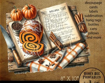 May include: A digital download of a vintage-style illustration featuring a cookbook with handwritten recipes, a cinnamon roll, pumpkins, and spices. The image is 8 inches by 10 inches and 300 DPI.  The image is perfect for crafting projects like decoupage, cards, labels, sublimation, hang tags, bottles, cans, pillows, and more.