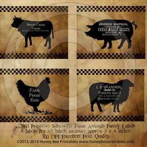 May include: Set of four printable labels featuring black silhouette farm animals on a brown background with white and black checkered borders. The labels include a cow, pig, chicken, and sheep with text that reads "Spring Creek Farms", "George Watson, Dealer in Fresh Salt Meats. Poultry, &c. Binghamton, NY.", "Farm Fresh Eggs", and "L.E. Brandon, -dealer in- Woolen Mills Fine Loomed Wockens Hotspur Textiles". The labels measure approximately 3 x 4 inches.