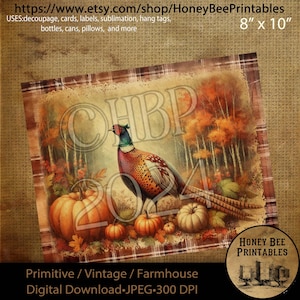 Vintage, Digital Download, Printable, Decoupage, Primitive, Craft Supplies, Fall, Autumn, Happy Thanksgiving, Pheasant, Pumpkins, Harvest