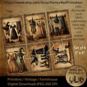 May include: A set of six vintage-style digital download cards, each 7.6 cm x 10.2 cm, with illustrations of witch attire and accessories. The cards are for decoupage, labels, sublimation, and more. The text includes "Primitive / Vintage / Farmhouse" and "Digital Download JPEG 300 DPI".