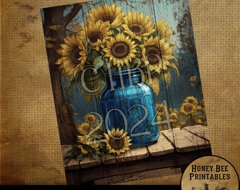 Vintage Digital Download Printable Decoupage Farmhouse, Primitive, Painting, Summer, Fall, Old Blue Jar of Sunflowers, Sunflowers, Blue Jar