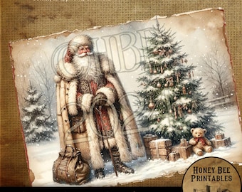 Vintage Primitive Instant Download, Printable, 8x10, Decoupage, Karten, Weihnachten, Weihnachtsmann, Old World Santa, Belsnickel, Baum, Schnee, 01