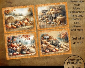 May include: Set of four digital printable images featuring a vintage farmhouse theme with pumpkins, hay bales, and a wagon. The images are 4 inches by 5 inches and are perfect for crafting projects like decoupage, cards, labels, and more.